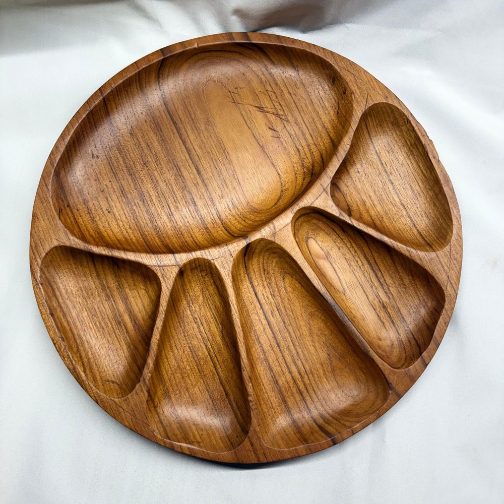 Unbranded Teak Wood Serving Tray Unisex 12in Brown Good MCM 6 Section Round
